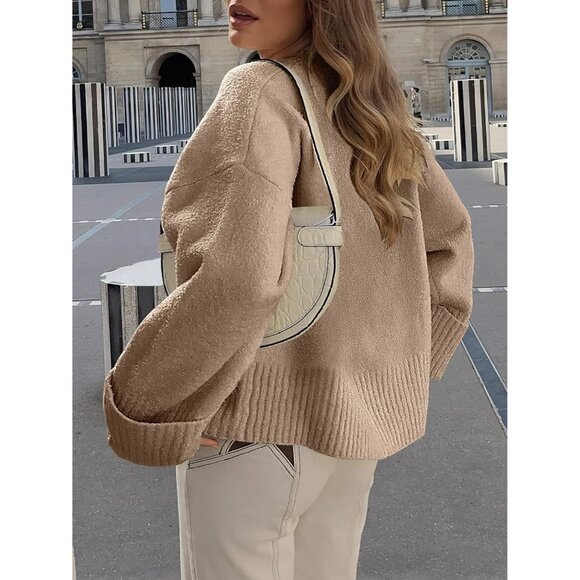 Women's Oversized Sweater Fuzzy Khaki Long Sleeve Casual Chunky Pullover Fall - Picture 8 of 9